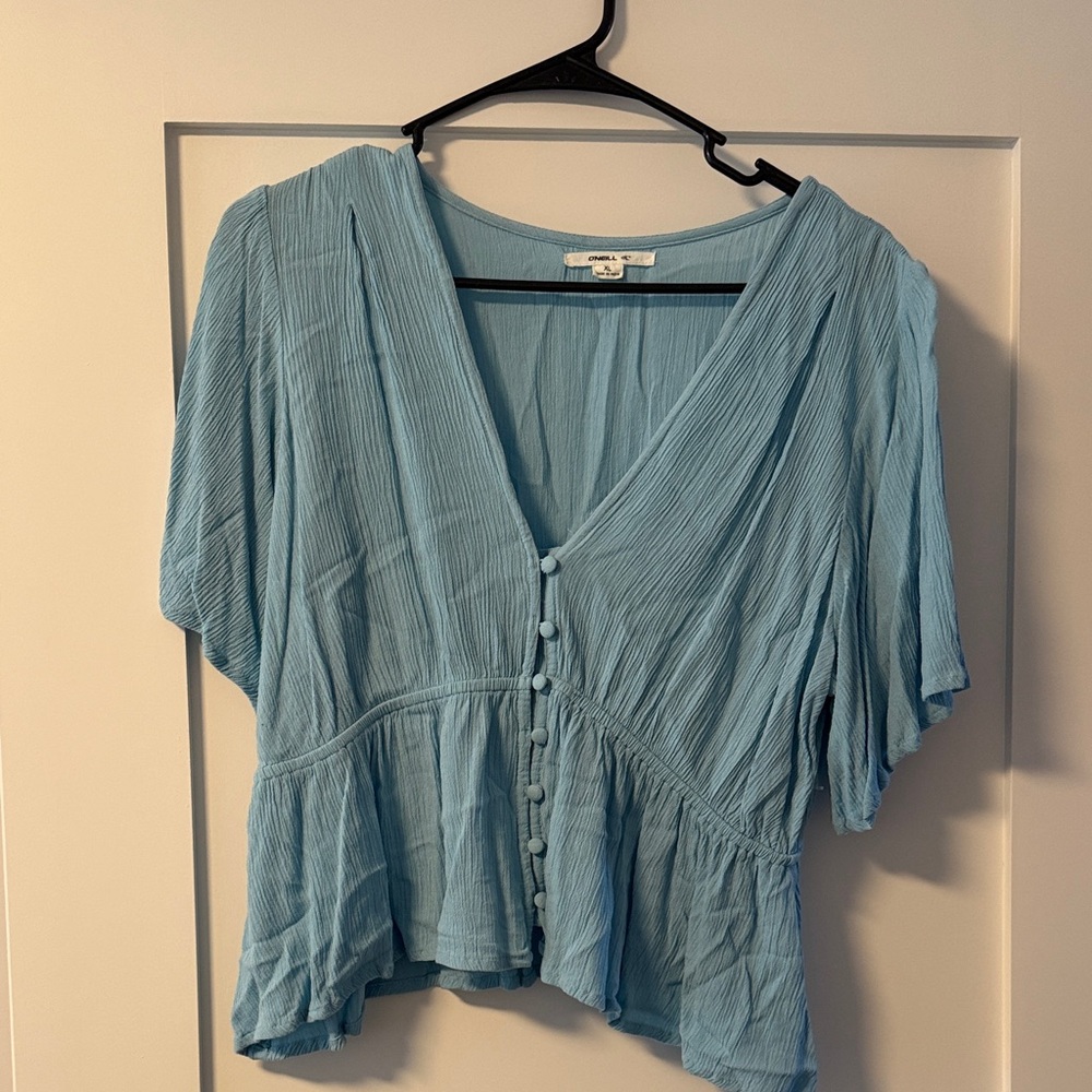 O’Neill Sky Blue Peplum Blouse V Neck Button Front Flutter Sleeve XL